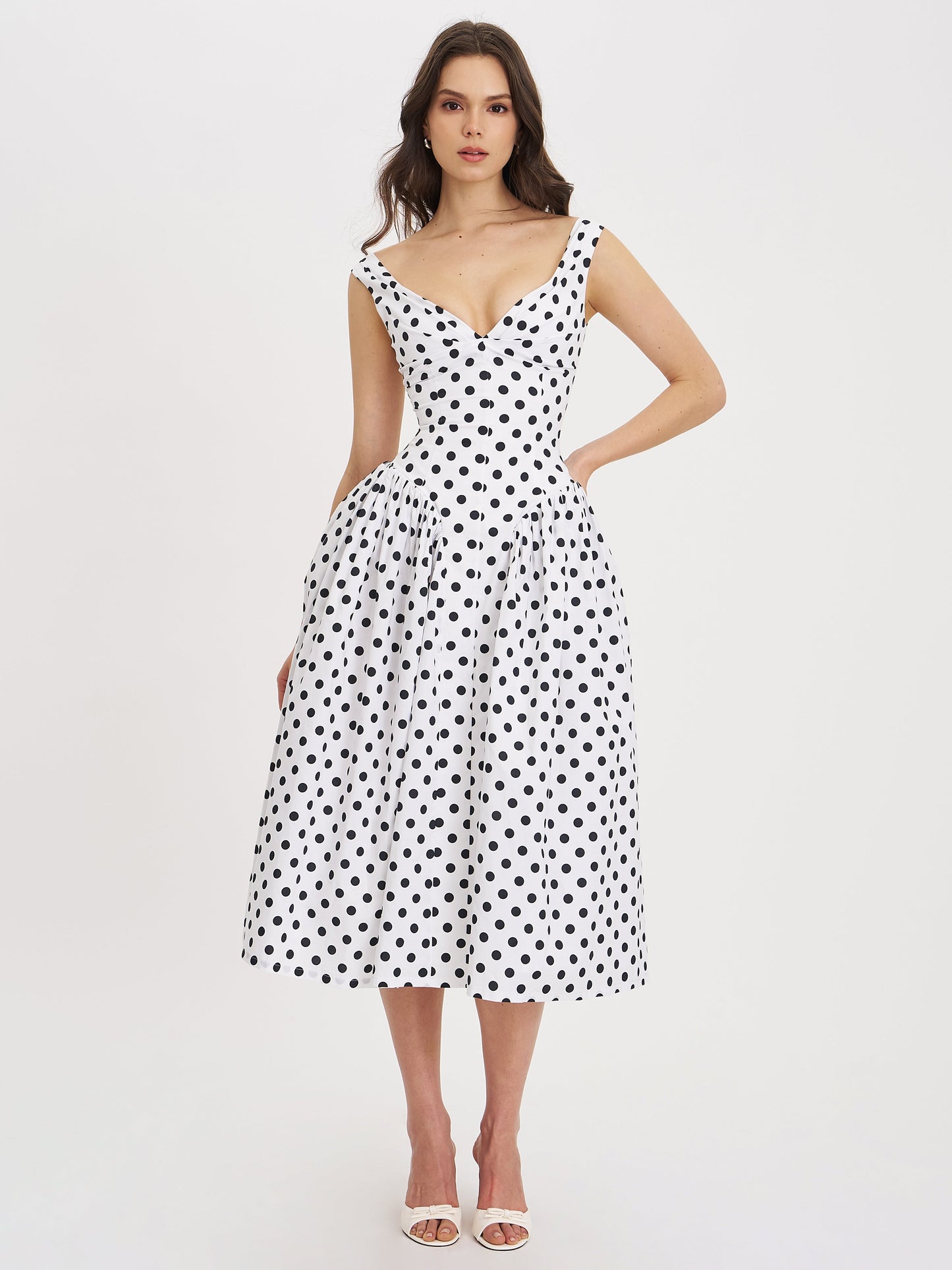 Rahma Polka Dot Drop Waist Midi Cotton Poplin Dress