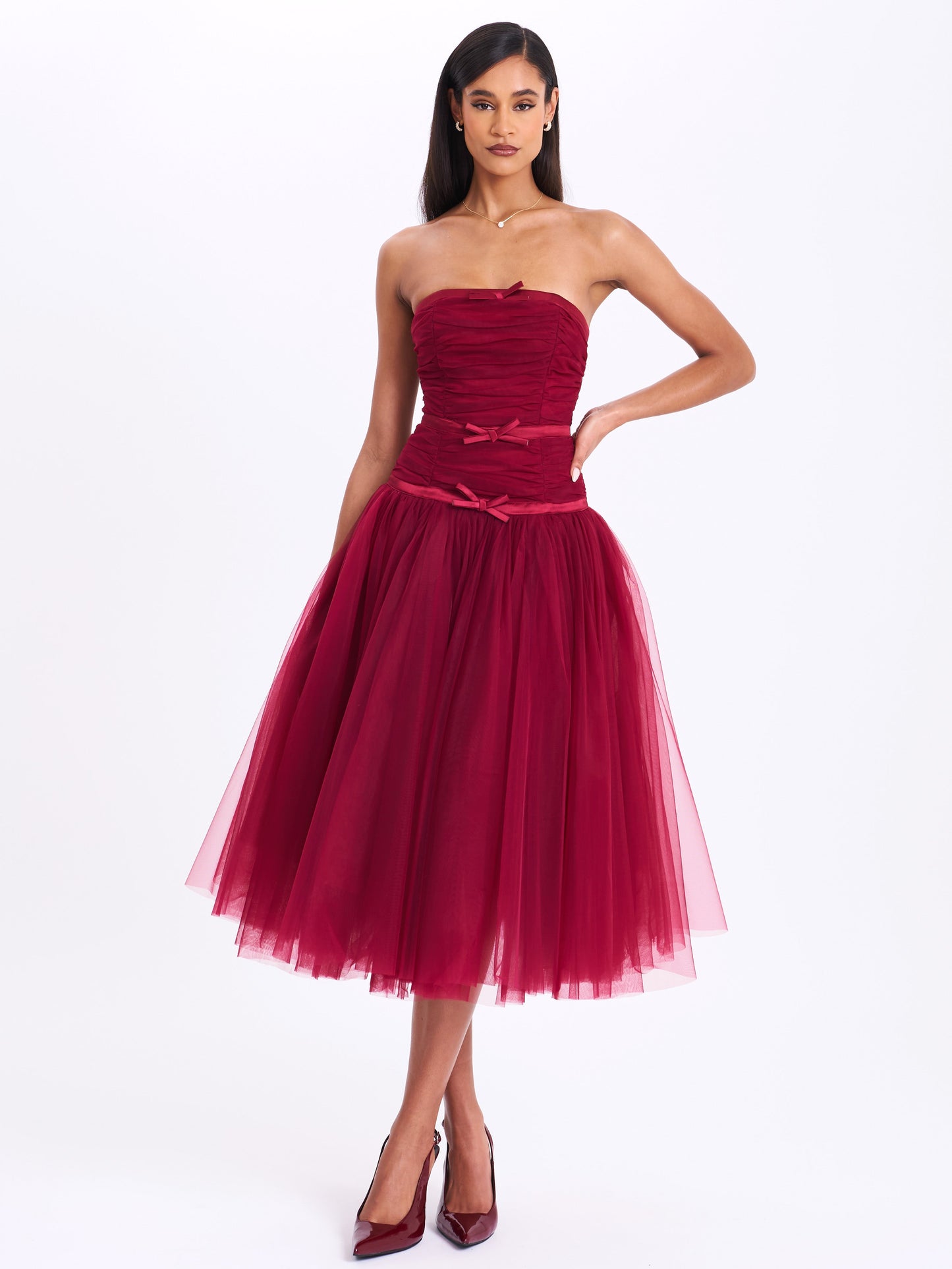 Mabel Burgundy Drop Waist Layered Mesh Midi Puffy Dress with Bow