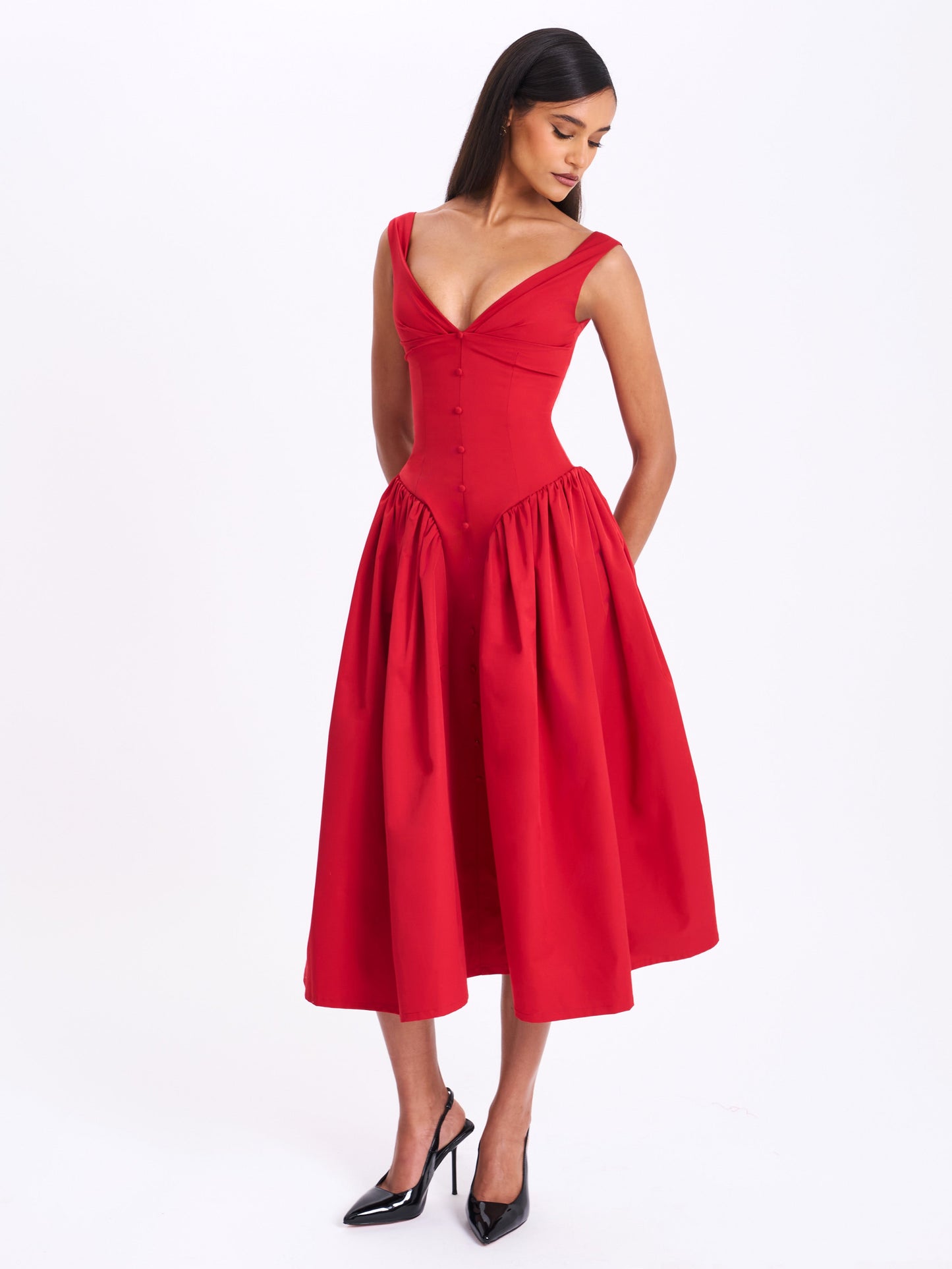 Nahla Red Drop Waist Midi Dress with Buttons