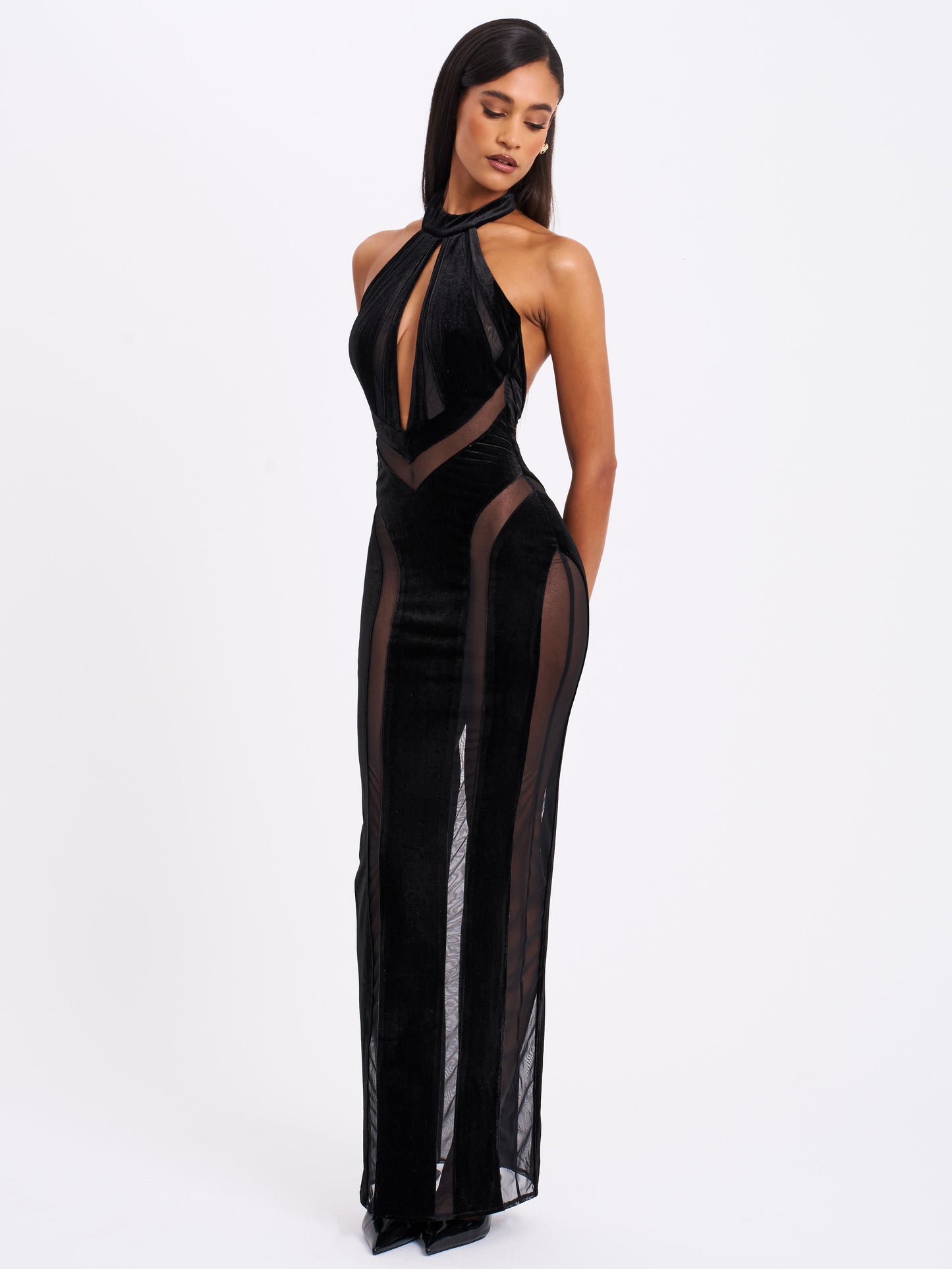 Paityn Black Velvet Mesh Cutout Halter Gown