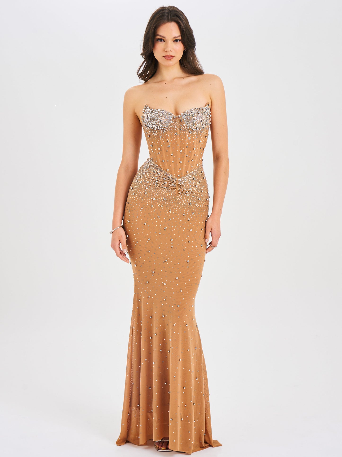 Fatima Nude Crystal Sleeveless Corset Mermaid Maxi Dress