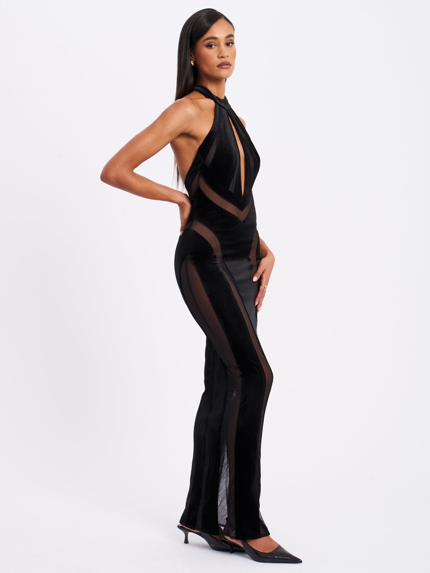 Paityn Black Velvet Mesh Cutout Halter Gown