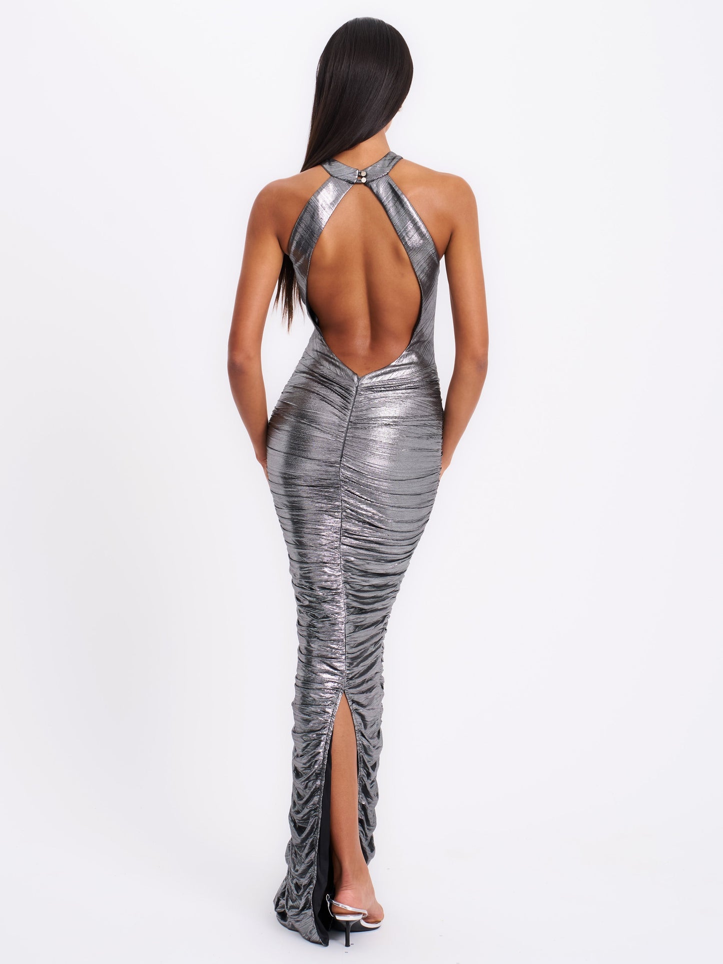 Abril Ruched Silver Glitter Backless Gown