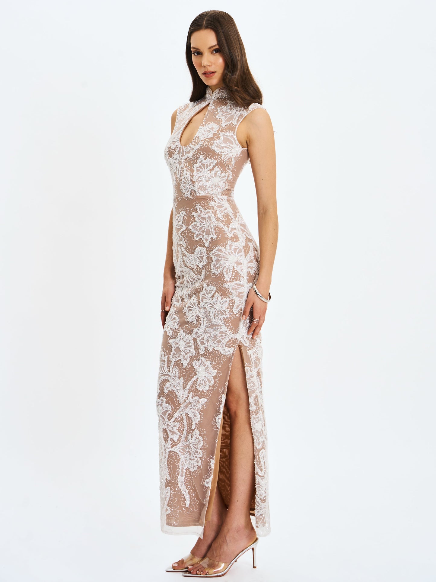 Tavia White Beaded Teardrop Neckline Maxi Dress