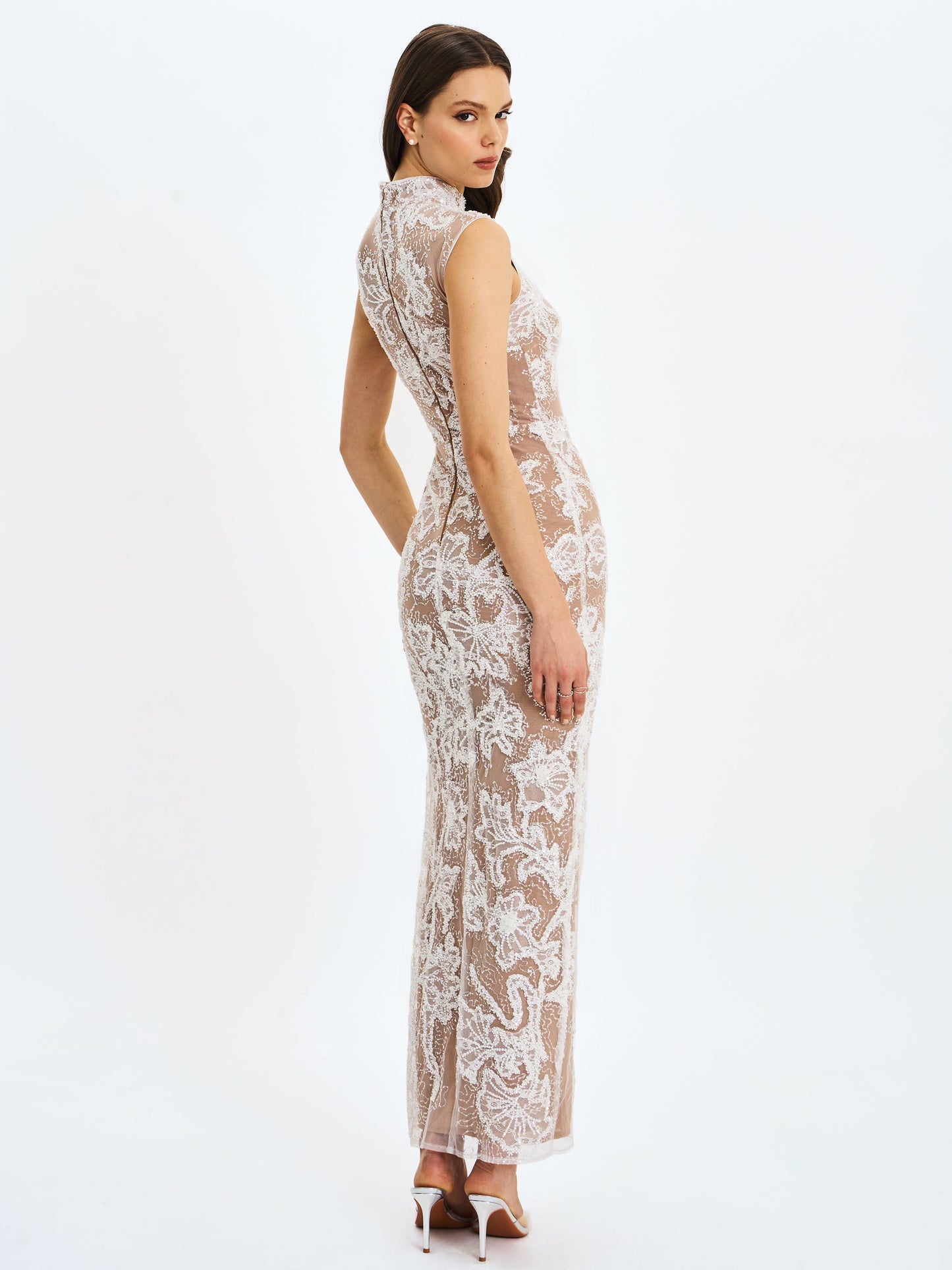 Tavia White Beaded Teardrop Neckline Maxi Dress