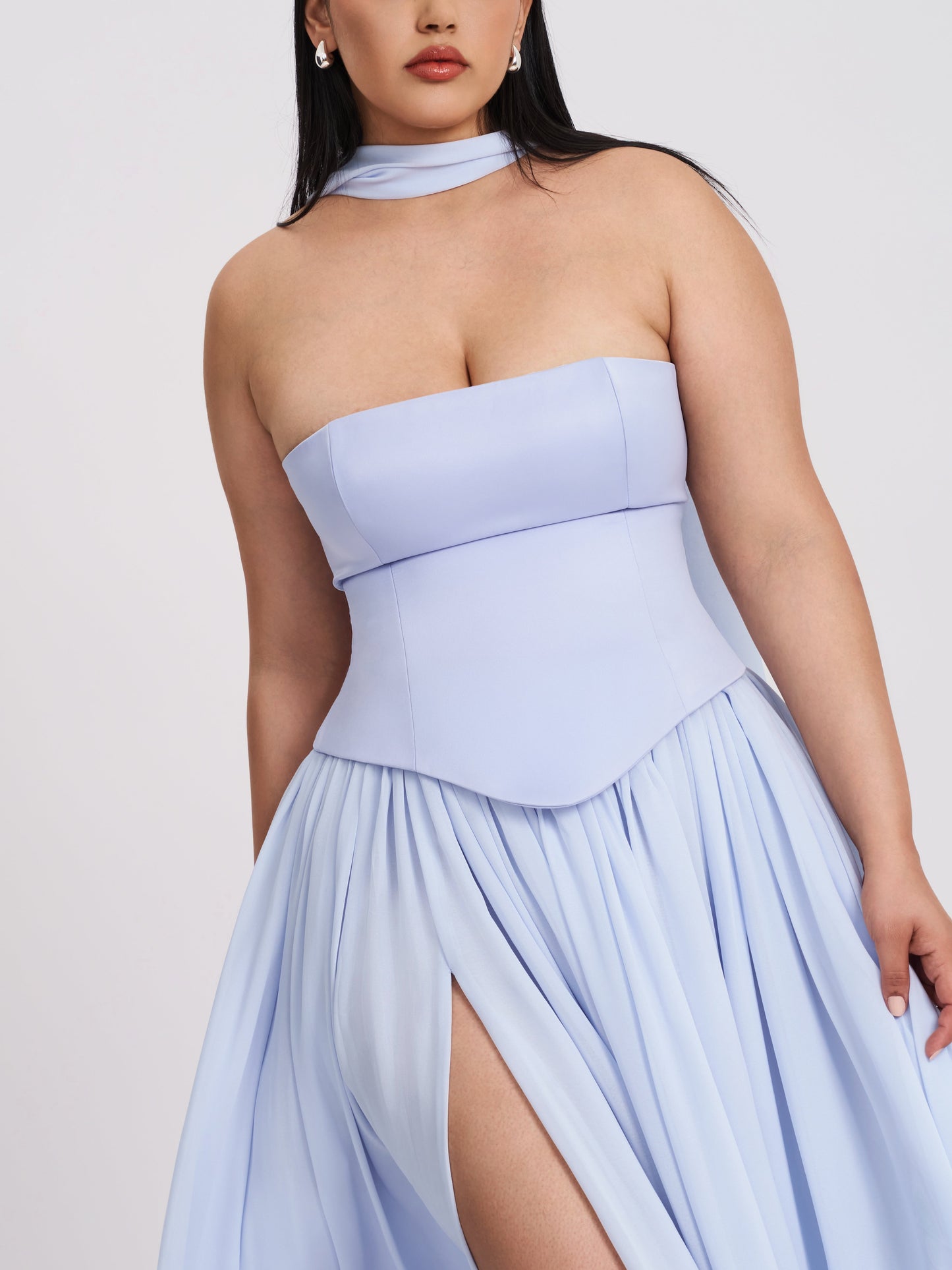 Qianna Baby Blue Peplum Drop Waist Chiffon Gown