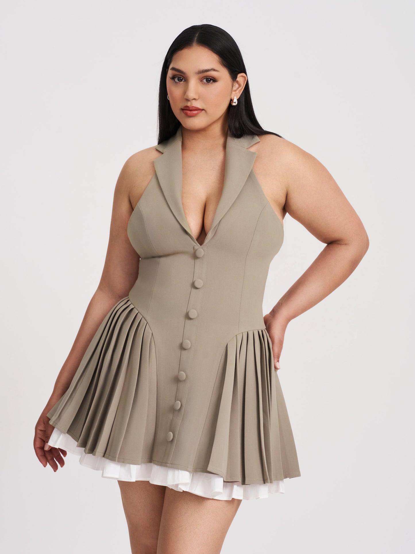 Hazel Brown Preppy Halter Neck Pleated Mini Dress