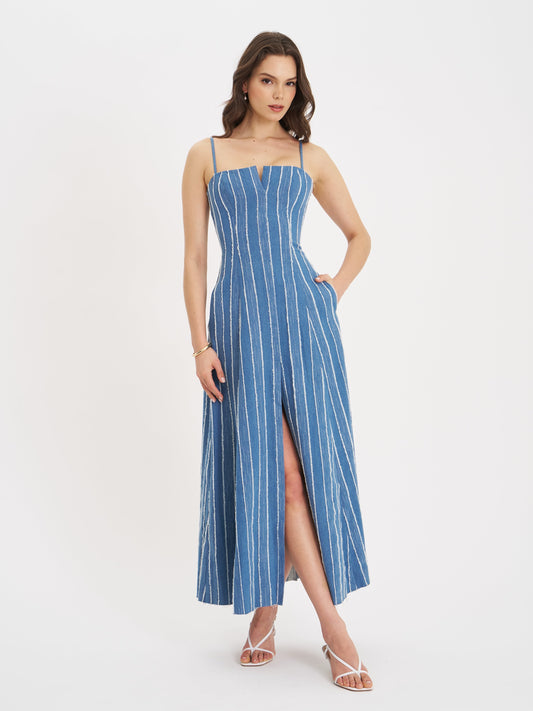 Abygail Stripe Cotton Denim Maxi Dress