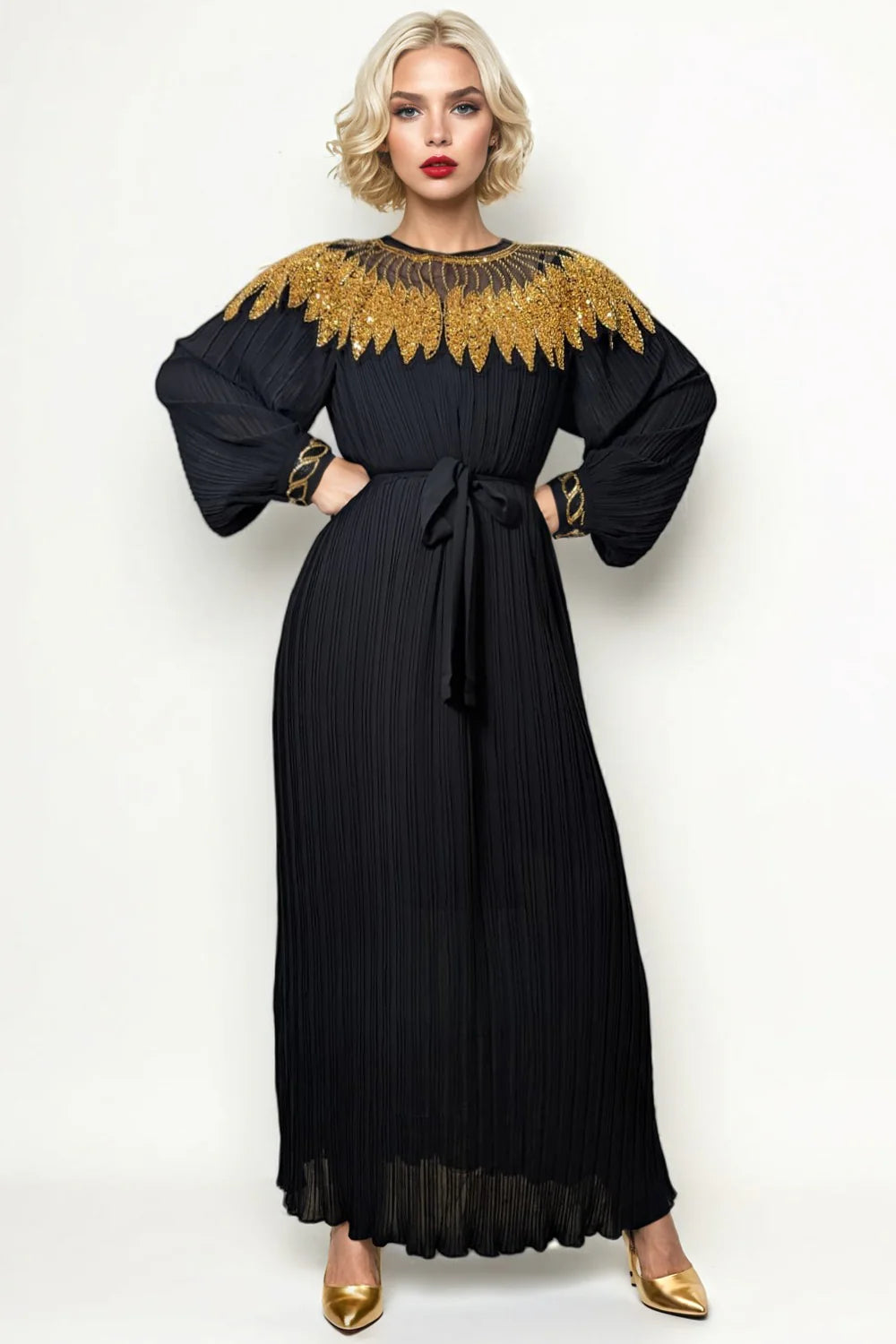 W52501 REGAL APPLIQUE PLEATED DRESS