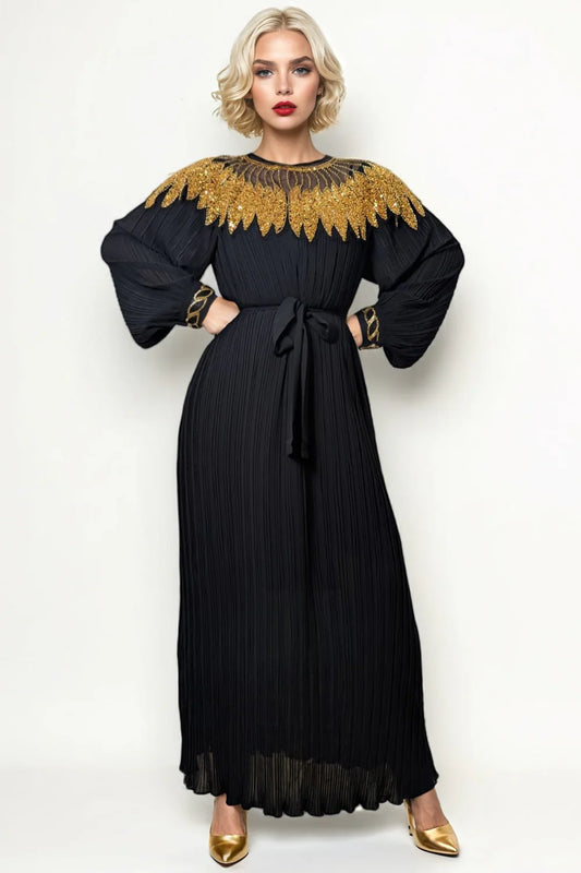 W52501 REGAL APPLIQUE PLEATED DRESS