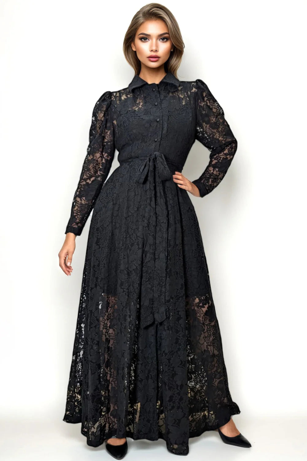 GF1510 BELTED LACE MAXI DRESS
