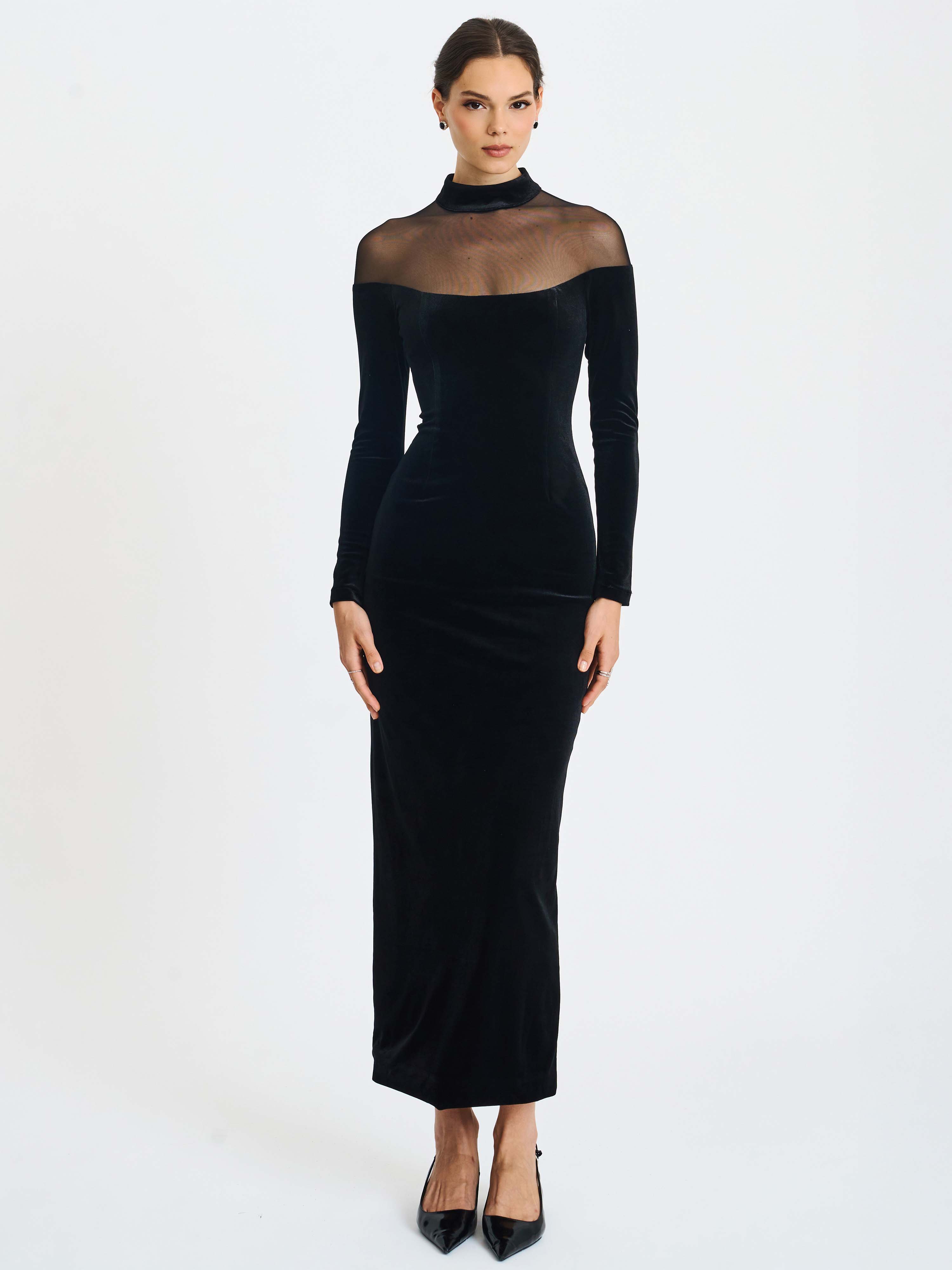 Blair Black Sheer Mock Neck Maxi Dress