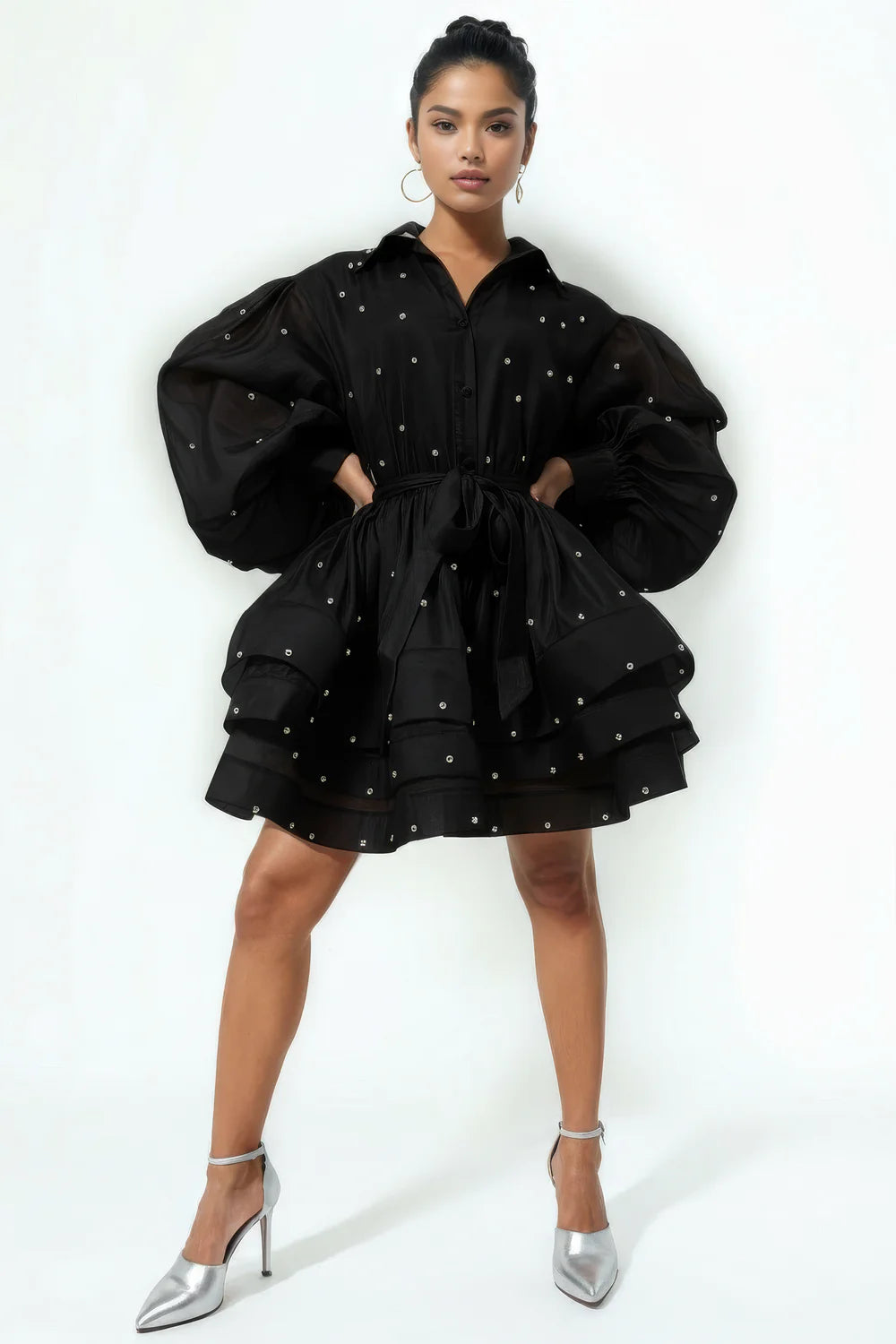 X7975 LAYERED STUDDED MINI DRESS