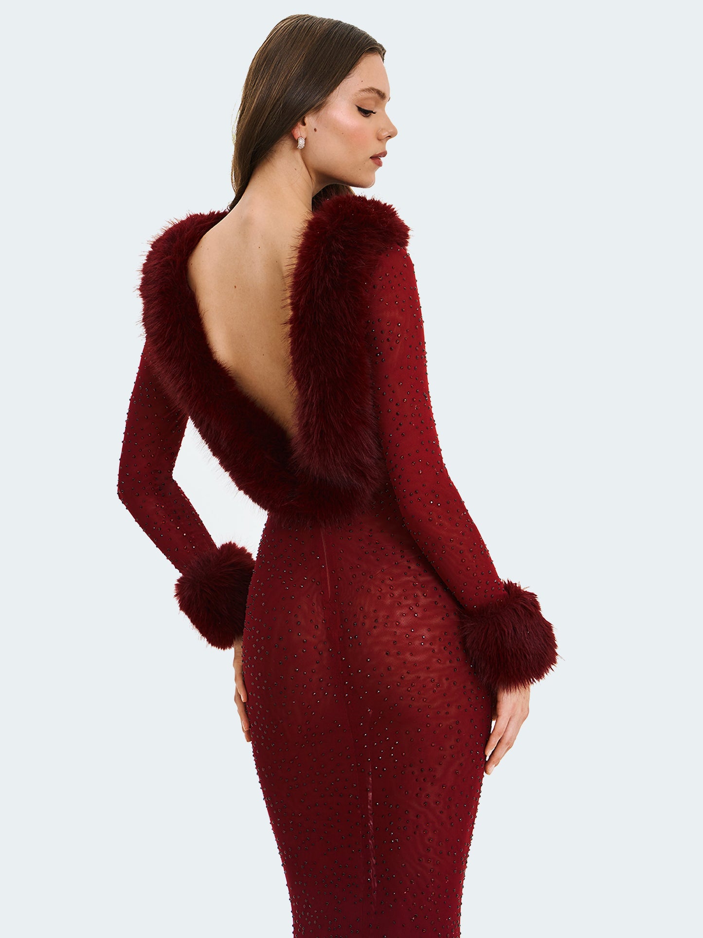 Mellie Burgundy Regular-Length Rhinestone Mesh Low Back Mermaid Gown