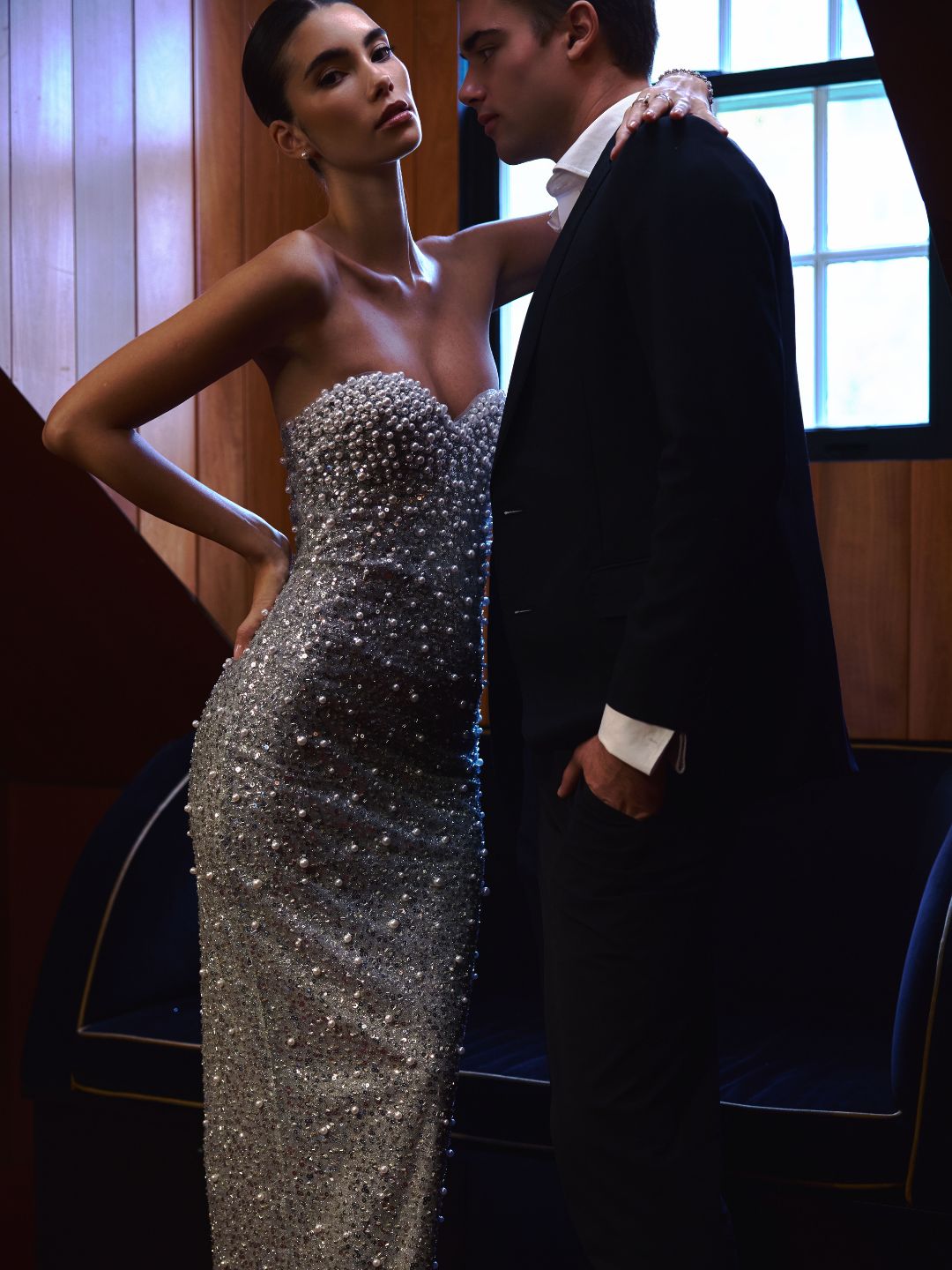 Noelle Silver Sequin Pearl-Embellished Sweetheart Maxi Dress