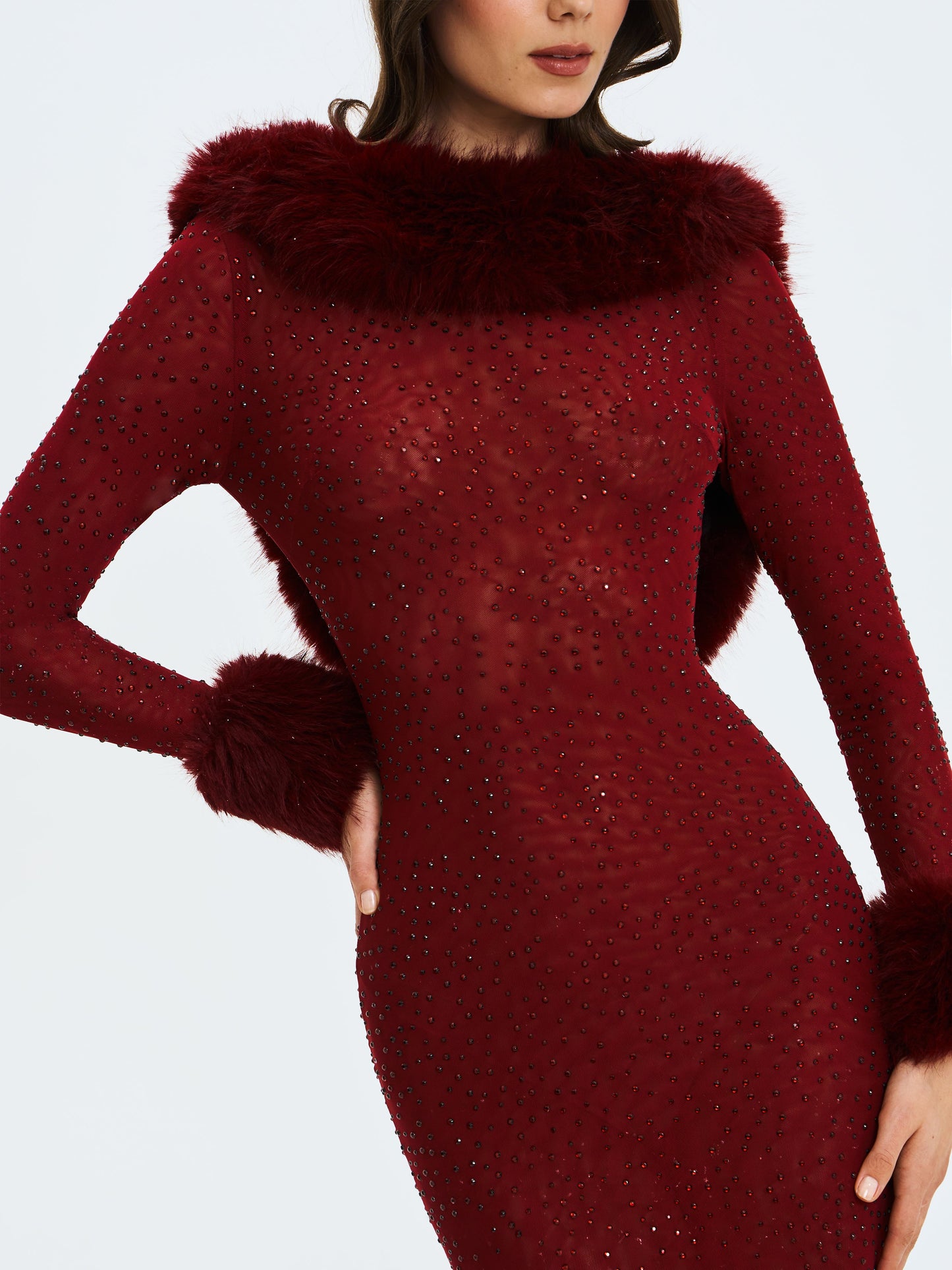 Mellie Burgundy Regular-Length Rhinestone Mesh Low Back Mermaid Gown