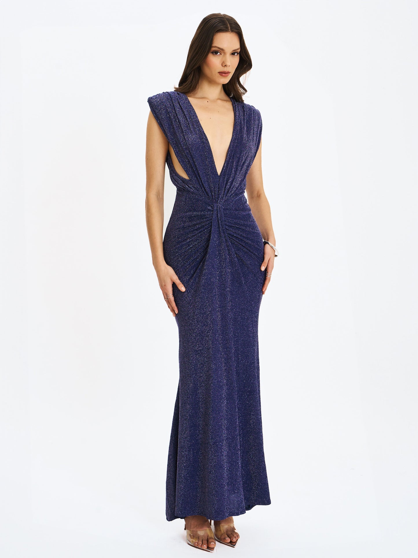 Terri Navy Sparkle Plunging Backless Maxi Dress