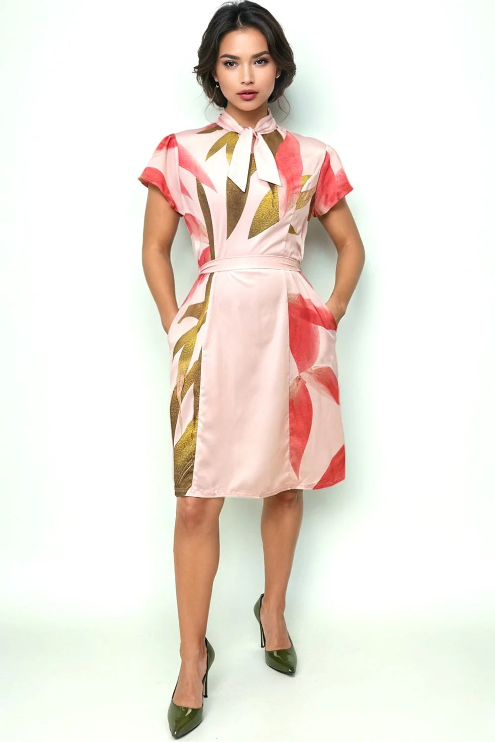 T2538 PETAL BLOOM TIE NECK MINI DRESS