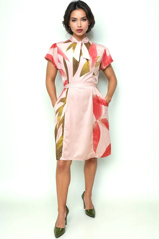 T2538 PETAL BLOOM TIE NECK MINI DRESS